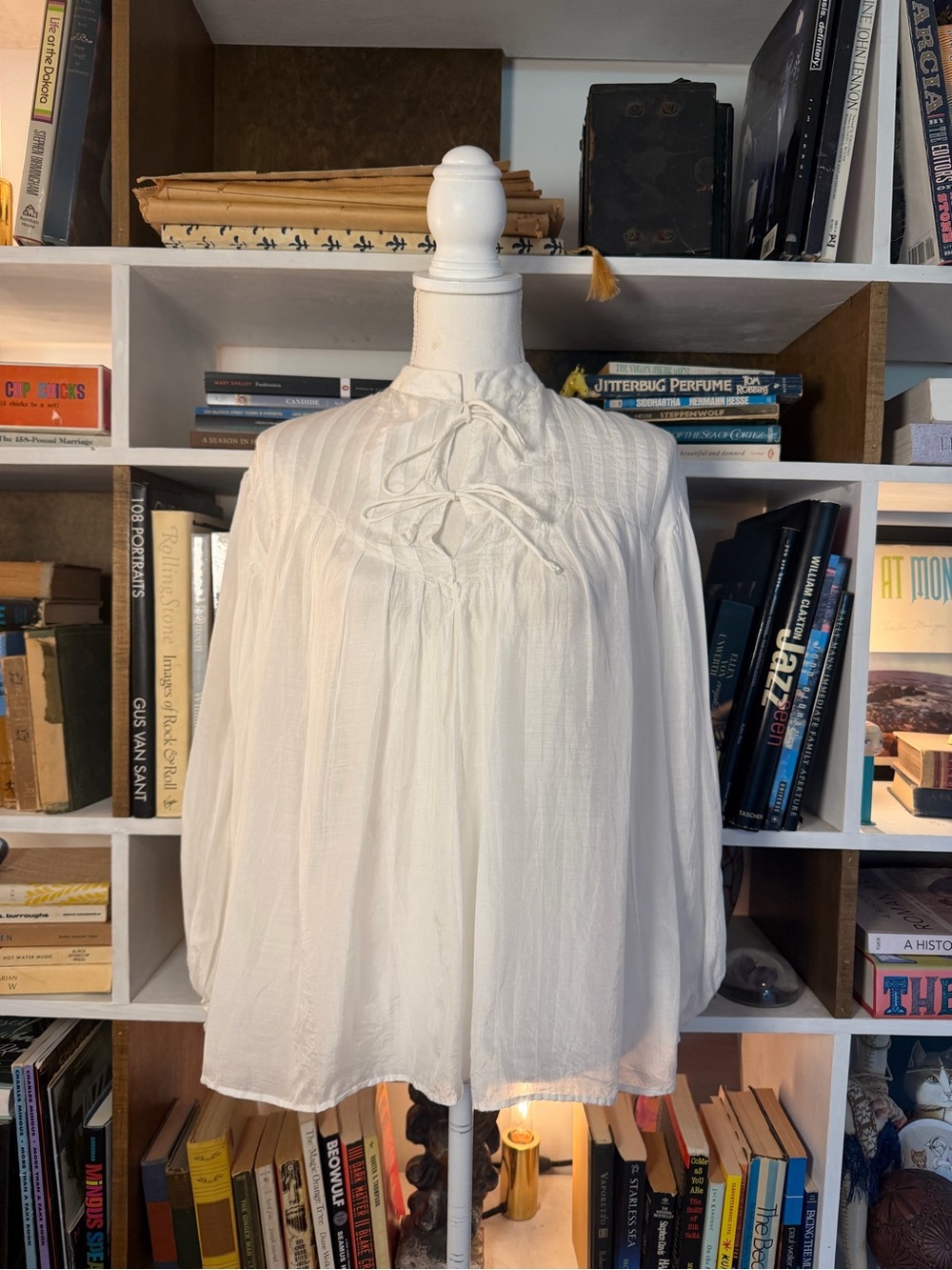 Classic White Women’s Peasant Top with Tie Neck